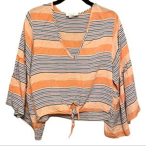 Lavender Field Striped Bell Sleeve Front Tie Boho Crop Top size Small